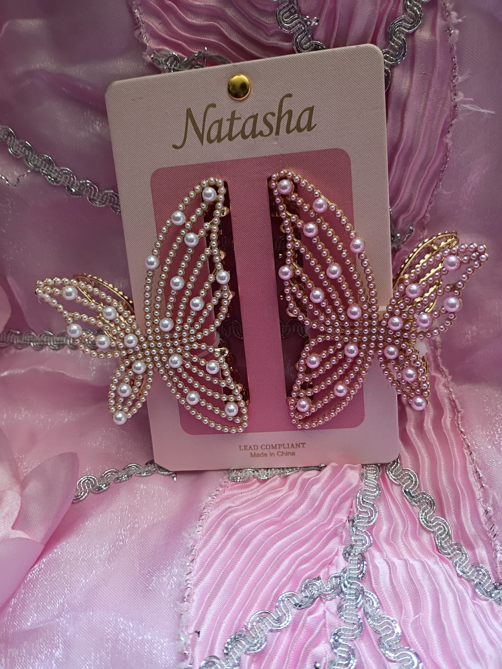Natasha Couture Pink Pearl Butterfly Hair Clips for Kids - Picture 3 of 3
